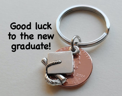 Cap and Diploma Charm Layered Over 2024 Penny Keychain - Good Luck to the New Graduate; Hand Made; Graduation Gift