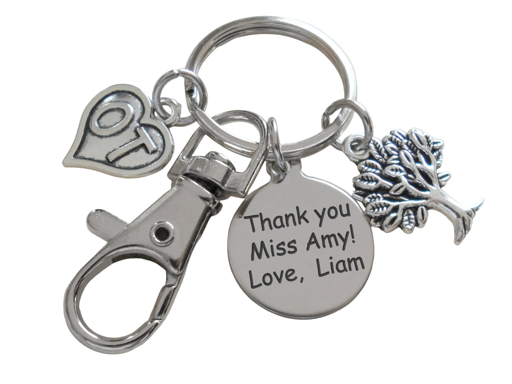 Occupational Therapist Appreciation Gift Keychain with Tree, OT Heart, Clasp, and Custom Engraved Disc by JewelryEveryday