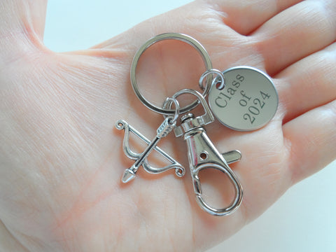 Bow & Arrow Charm Keychain with Clasp & Custom Engraved Disc, Student or Coach Archery Keychain