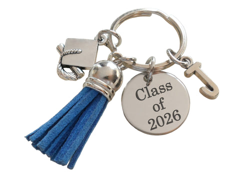 Custom Graduation Class of 2026 Disc (Or Other Years) Keychain with Graduation Cap, Tassel & Personalized Initial Charm, For Graduate Gift