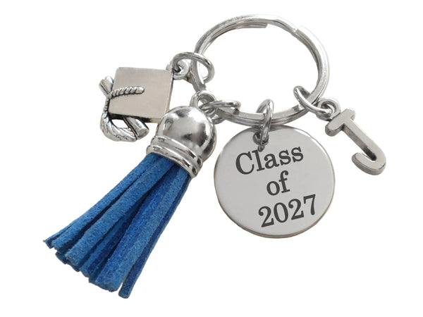 Custom Graduation Class of 2026 Disc (Or Other Years) Keychain with Graduation Cap, Tassel & Personalized Initial Charm, For Graduate Gift