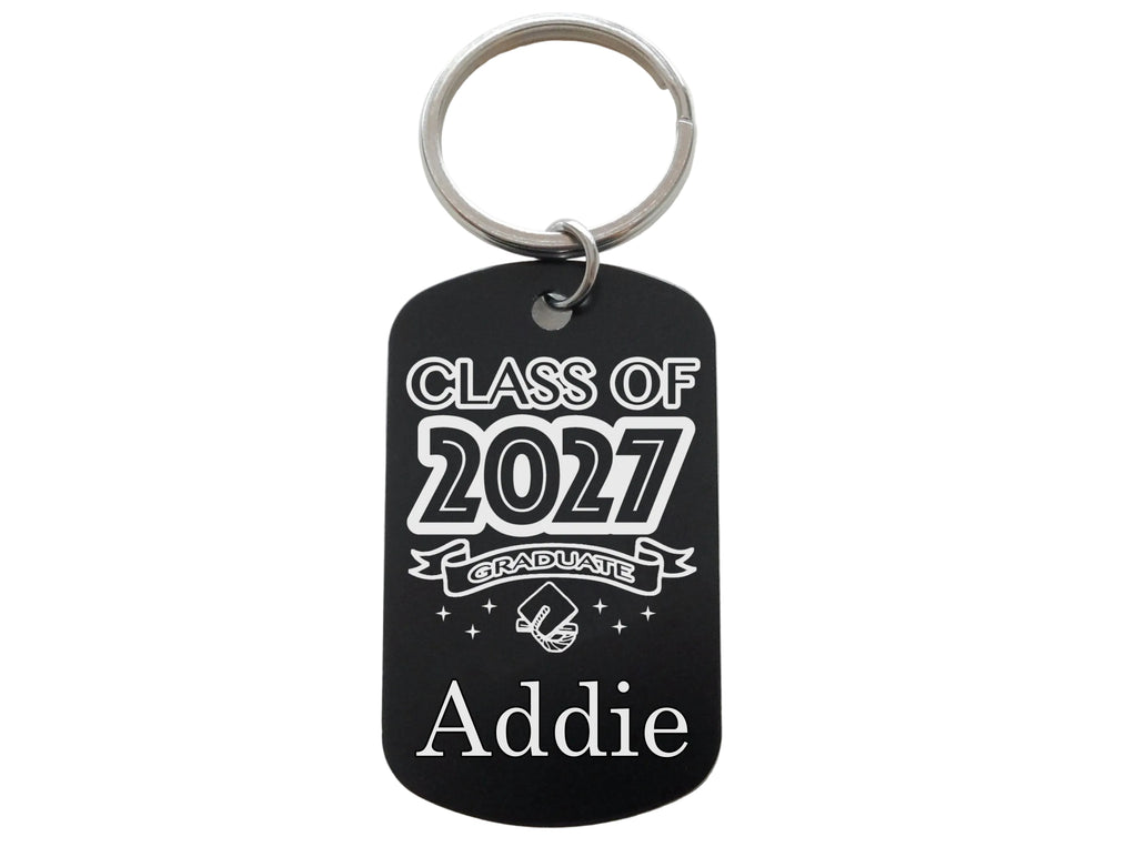 Custom Name Engraved Class of 2027 Graduate Keychain on Black Anodized Aluminum Tag, For Graduation Gift