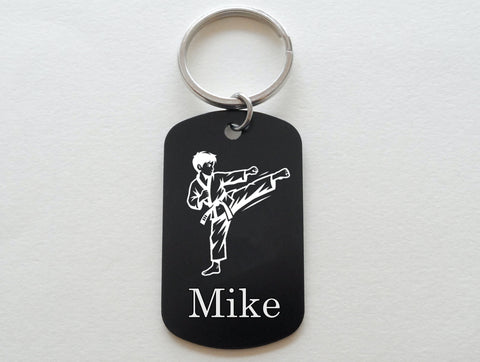 Athlete Aluminum Tag Keychain with Sport Image and Custom Name Engraved, For Graduate, Team Player or Coach