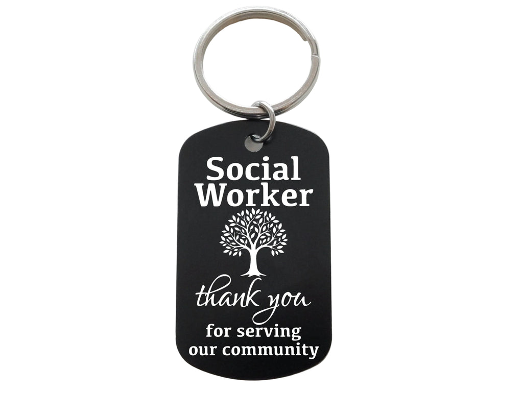 Social Worker Appreciation Gift • Aluminum Tag Keychain Engraved with "Thank You for Serving Our Community" and Tree Image by JewelryEveryday