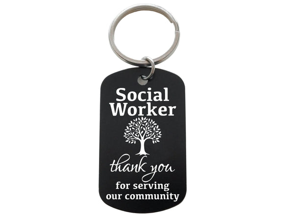 Social Worker Appreciation Gift • Aluminum Tag Keychain Engraved with "Thank You for Serving Our Community" and Tree Image by JewelryEveryday