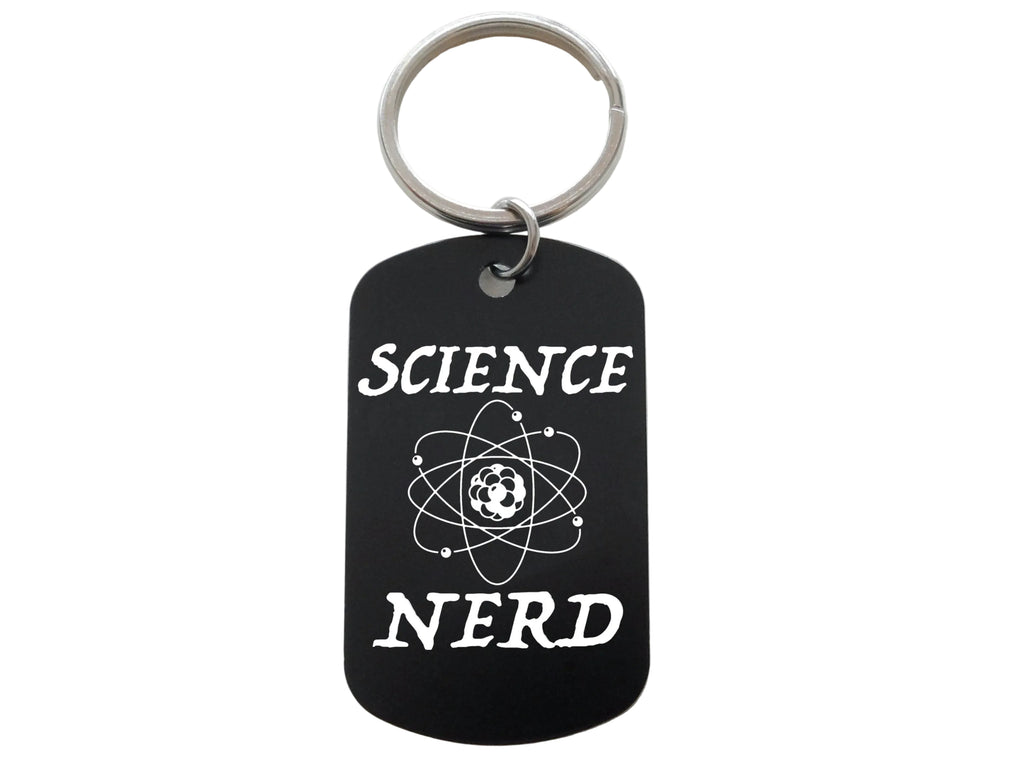 Science Nerd with Atom Image Engraved Aluminum Tag Keychain, For Scientist Student or Teacher Gift