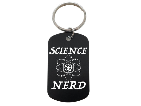 Science Nerd with Atom Image Engraved Aluminum Tag Keychain, For Scientist Student or Teacher Gift