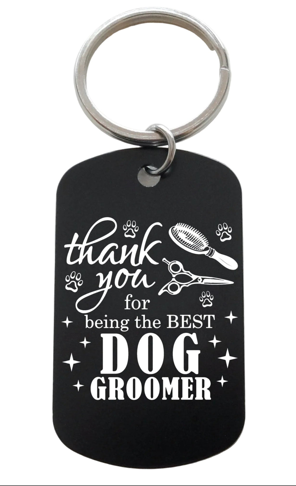 Pet Groomer Appreciation Gift • Black Anodized Aluminum Tag Keychain Engraved with "Thank You For Being the Best Dog Groomer" by JewelryEveryday