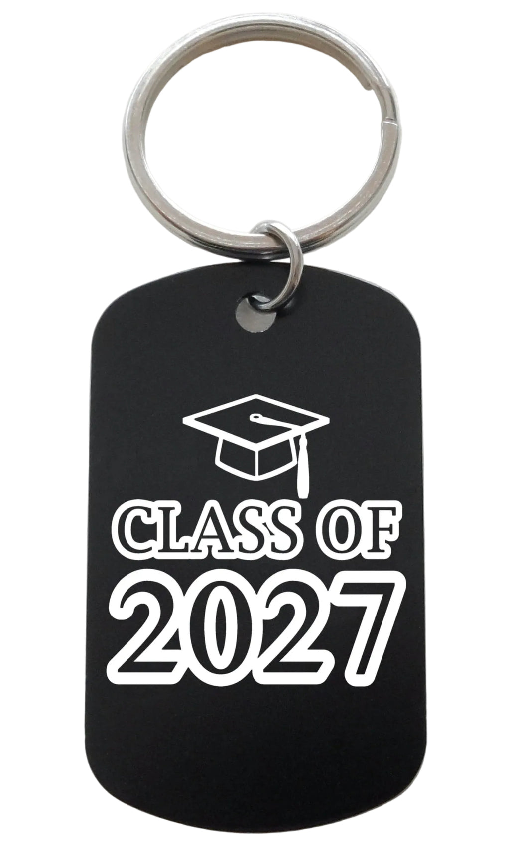 Class of 2027 and Graduate Cap Engraved Keychain on Black Anodized Aluminum Tag, For Graduation Gift