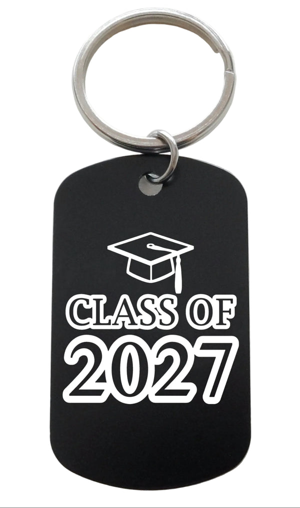 Class of 2027 and Graduate Cap Engraved Keychain on Black Anodized Aluminum Tag, For Graduation Gift