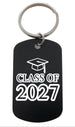 Class of 2027 and Graduate Cap Engraved Keychain on Black Anodized Aluminum Tag, For Graduation Gift