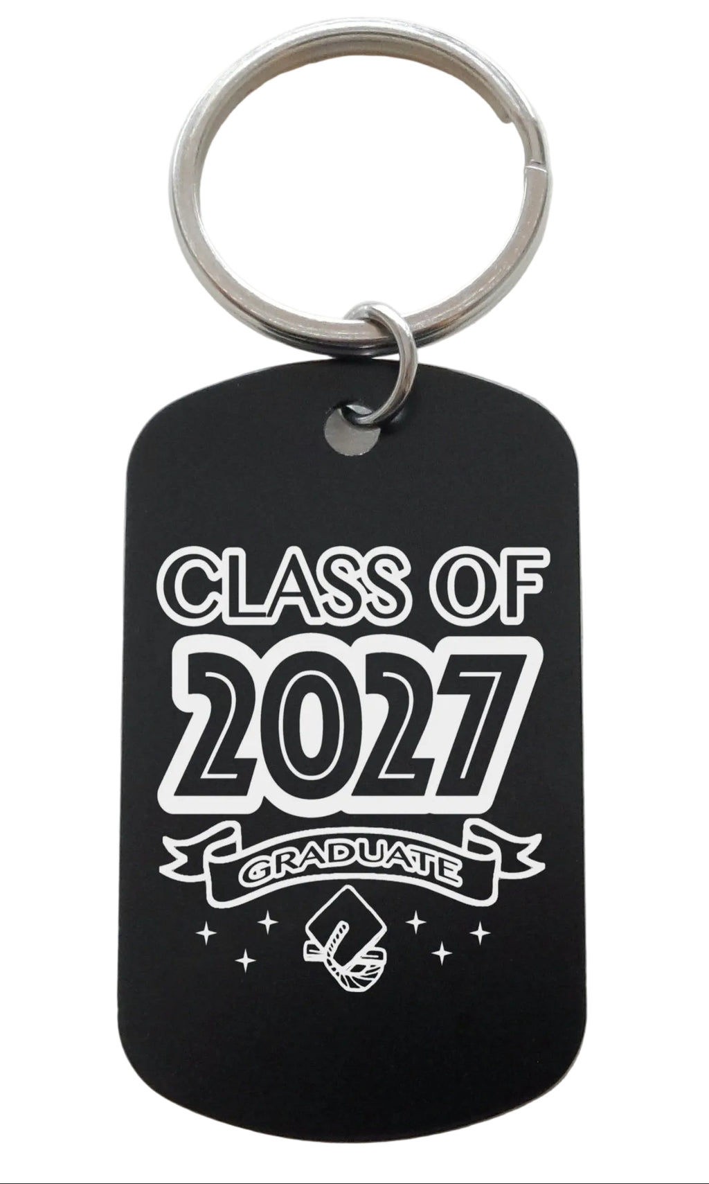 Class of 2027 Graduate Engraved Keychain on Black Anodized Aluminum Tag, For Graduation Gift