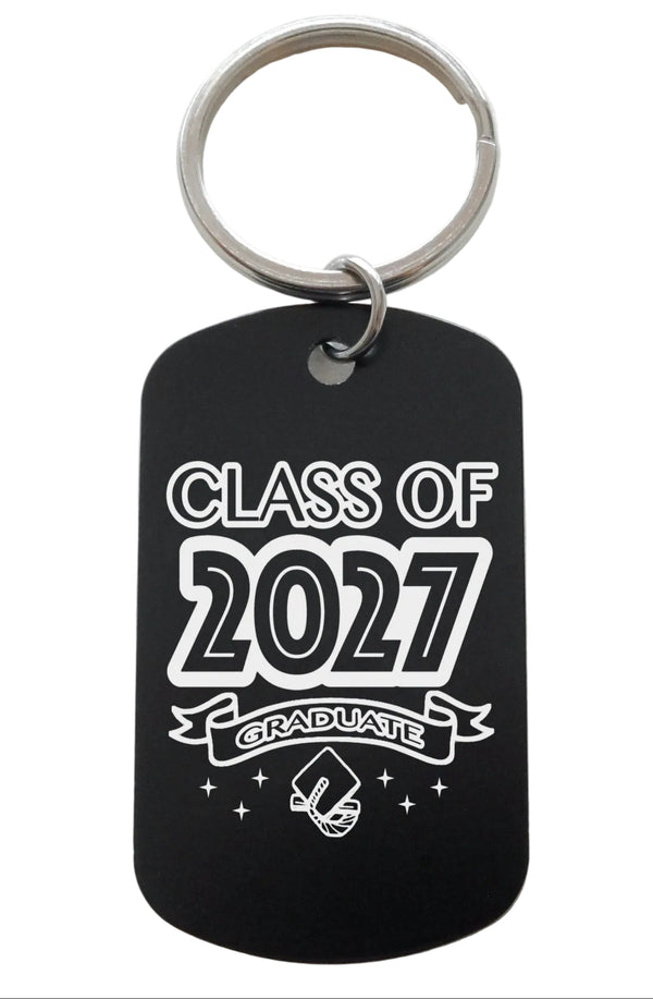 Class of 2027 Graduate Engraved Keychain on Black Anodized Aluminum Tag, For Graduation Gift