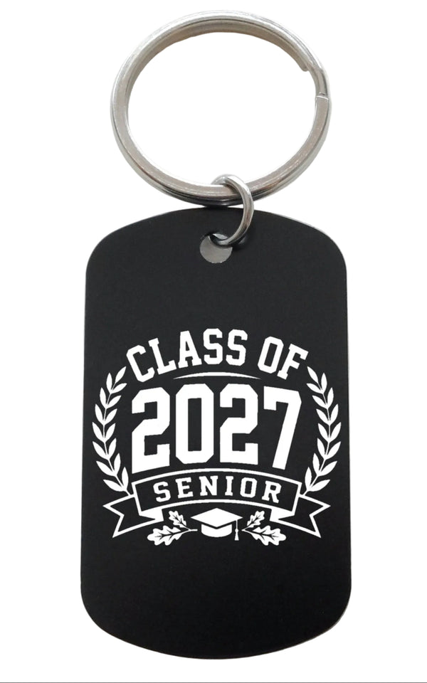 Class of 2027 Senior Graduate Engraved Keychain on Black Anodized Aluminum Tag, For Graduation Gift