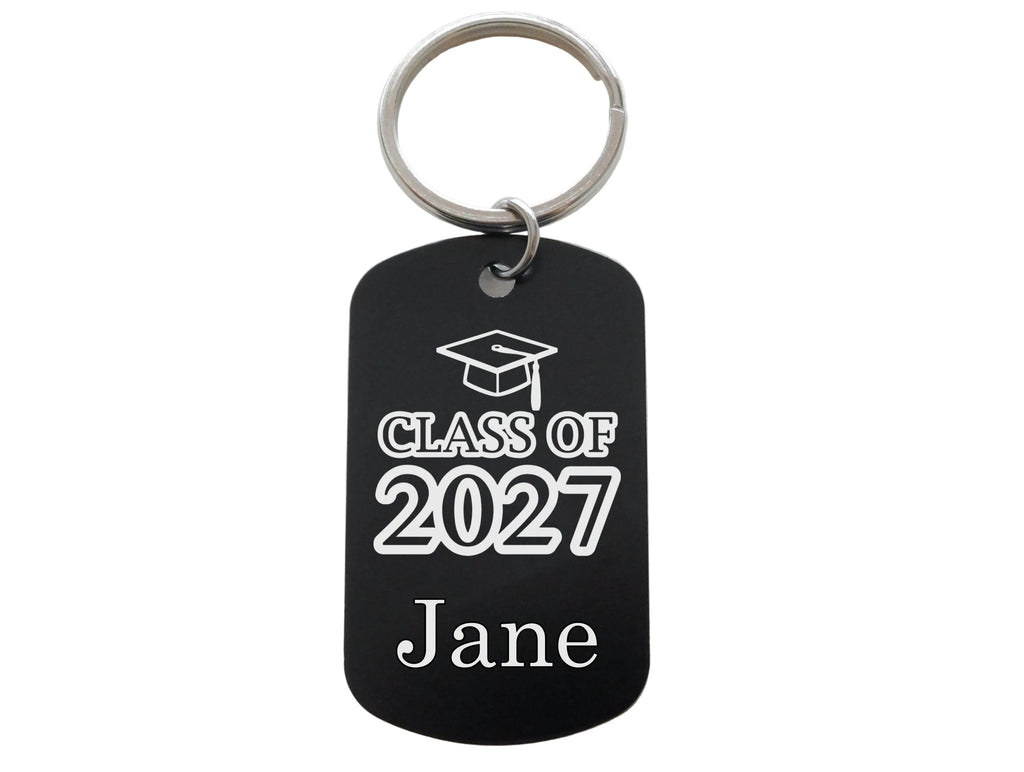 Custom Name Engraved Class of 2027 and Graduate Cap Keychain on Black Anodized Aluminum Tag, For Graduation Gift