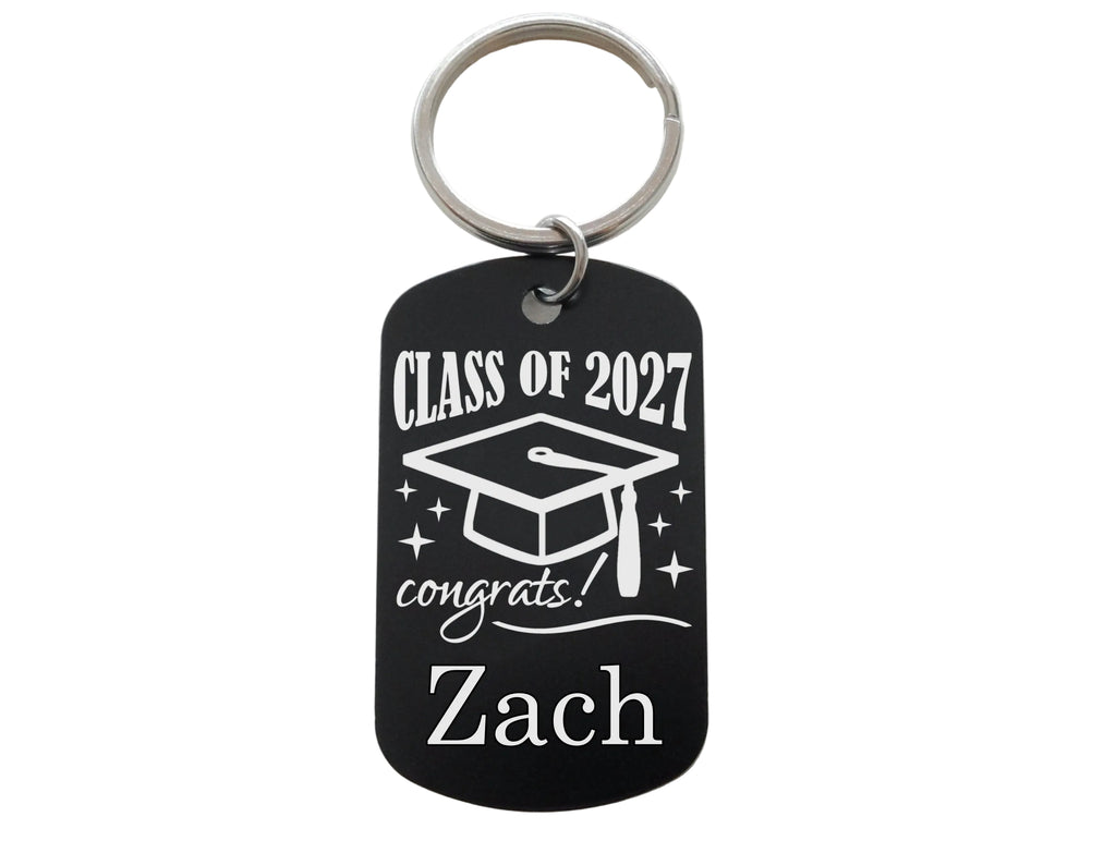 Custom Name Engraved Congrats Class of 2027 and Graduate Cap Keychain on Black Anodized Aluminum Tag, For Graduation Gift