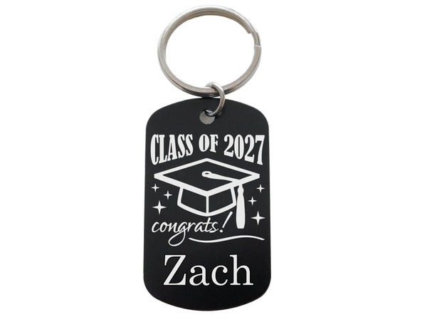 Custom Name Engraved Congrats Class of 2027 and Graduate Cap Keychain on Black Anodized Aluminum Tag, For Graduation Gift