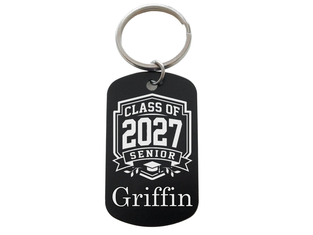Custom Engraved Name Class of 2027 Senior Graduate Keychain on Black Anodized Aluminum Tag, For Graduation Gift