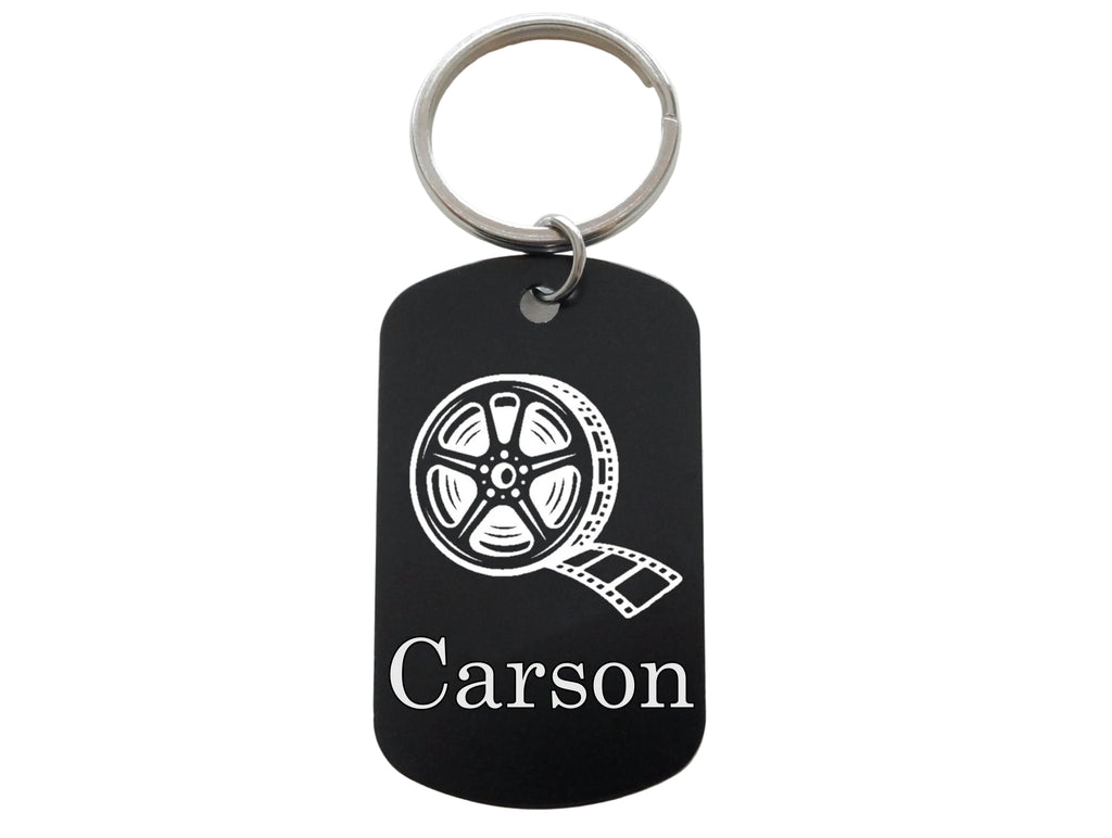 Film Reel Image Aluminum Tag Keychain with Custom Engraved Name, For Videography Student or Teacher Gift