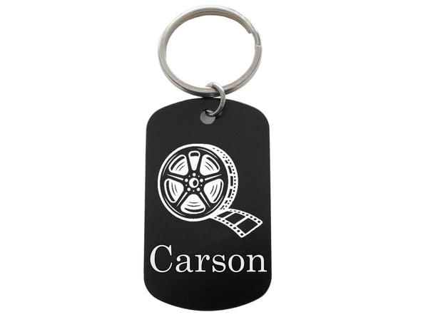 Film Reel Image Aluminum Tag Keychain with Custom Engraved Name, For Videography Student or Teacher Gift