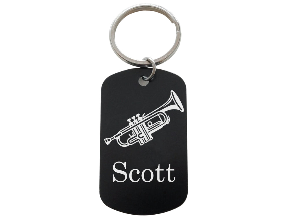 Aluminum Tag Keychain with Trumpet Image and Custom Engraved Text for Music Student, Teacher, or Musician Keychain by JewelryEveryday