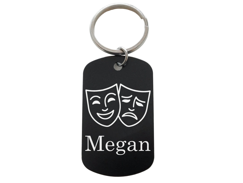 Drama Comedy & Tragedy Masks Image Aluminum Tag Keychain with Custom Engraved Name , For Theater Student or Teacher Gift