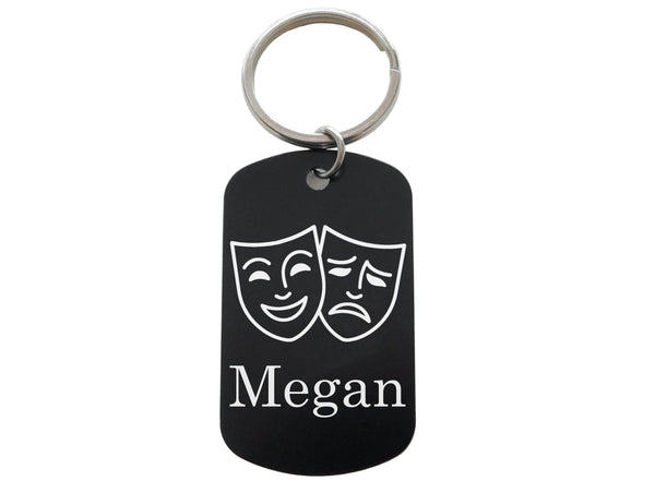 Drama Comedy & Tragedy Masks Image Aluminum Tag Keychain with Custom Engraved Name , For Theater Student or Teacher Gift