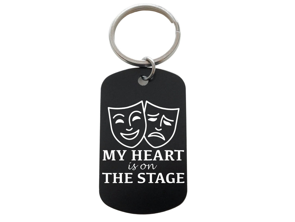My Heart Is On the Stage with Drama Comedy & Tragedy Masks Image Aluminum Keychain, For Theater Student or Teacher Gift