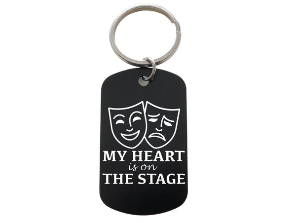 My Heart Is On the Stage with Drama Comedy & Tragedy Masks Image Aluminum Keychain, For Theater Student or Teacher Gift