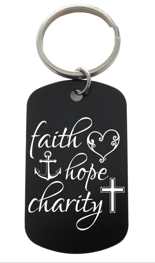 Faith Hope Charity Engraved Aluminum Tag Keychain with Heart, Cross & Anchor Image, Religious Christian Gift