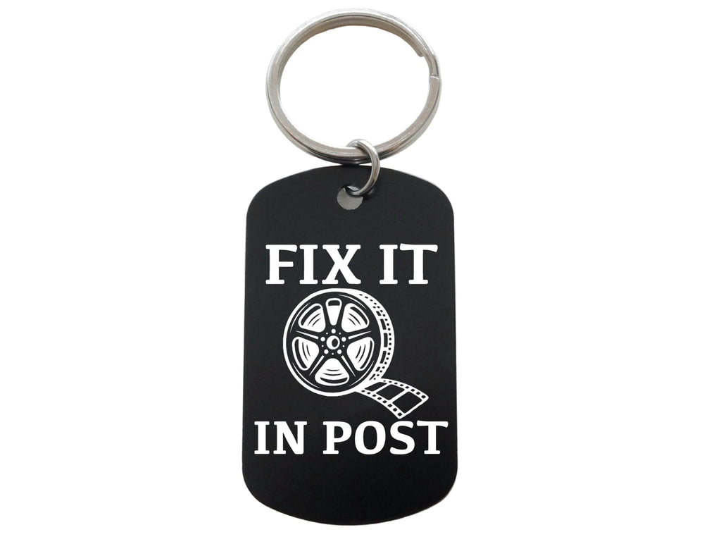 Fix It In Post with Video Film Reel Image Aluminum Tag Keychain, For Videography Student or Teacher Gift