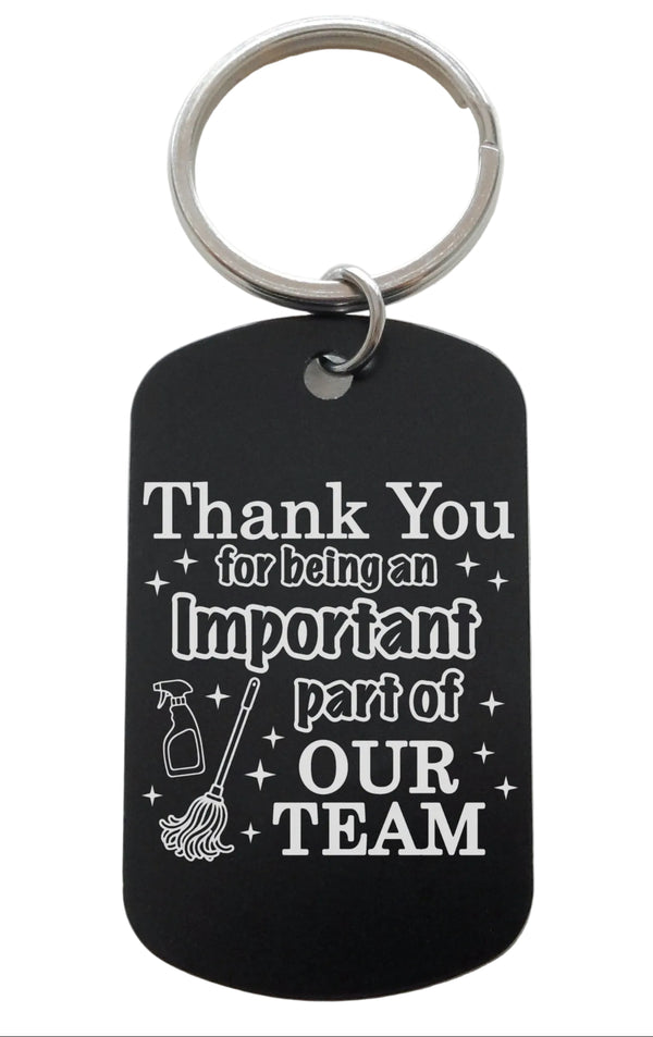 Housekeeping Appreciation Gift • Black Anodized Aluminum Tag Keychain Engraved with "Thank You For Being an Important Part of Our Team" with Mop and Spray Bottle Images by JewelryEveryday