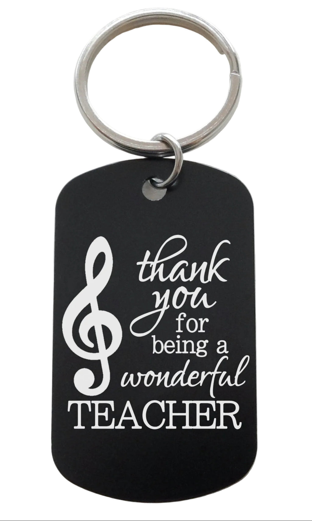 Music Teacher Appreciation Gift • Black Anodized Aluminum Tag Keychain Engraved with "Thank You for Being a Wonderful Teacher" by JewelryEveryday