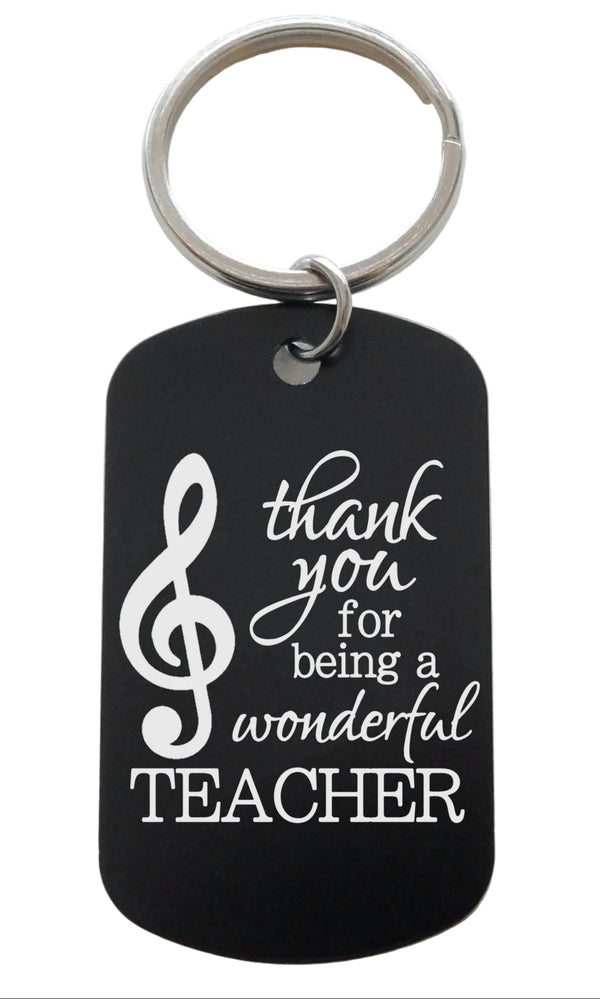 Music Teacher Appreciation Gift • Black Anodized Aluminum Tag Keychain Engraved with "Thank You for Being a Wonderful Teacher" by JewelryEveryday