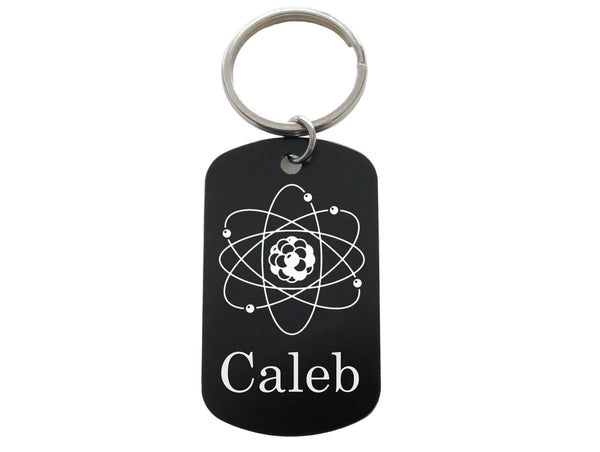 Atom Image Engraved Aluminum Tag Keychain with Custom Name, For Scientist Student or Teacher Gift