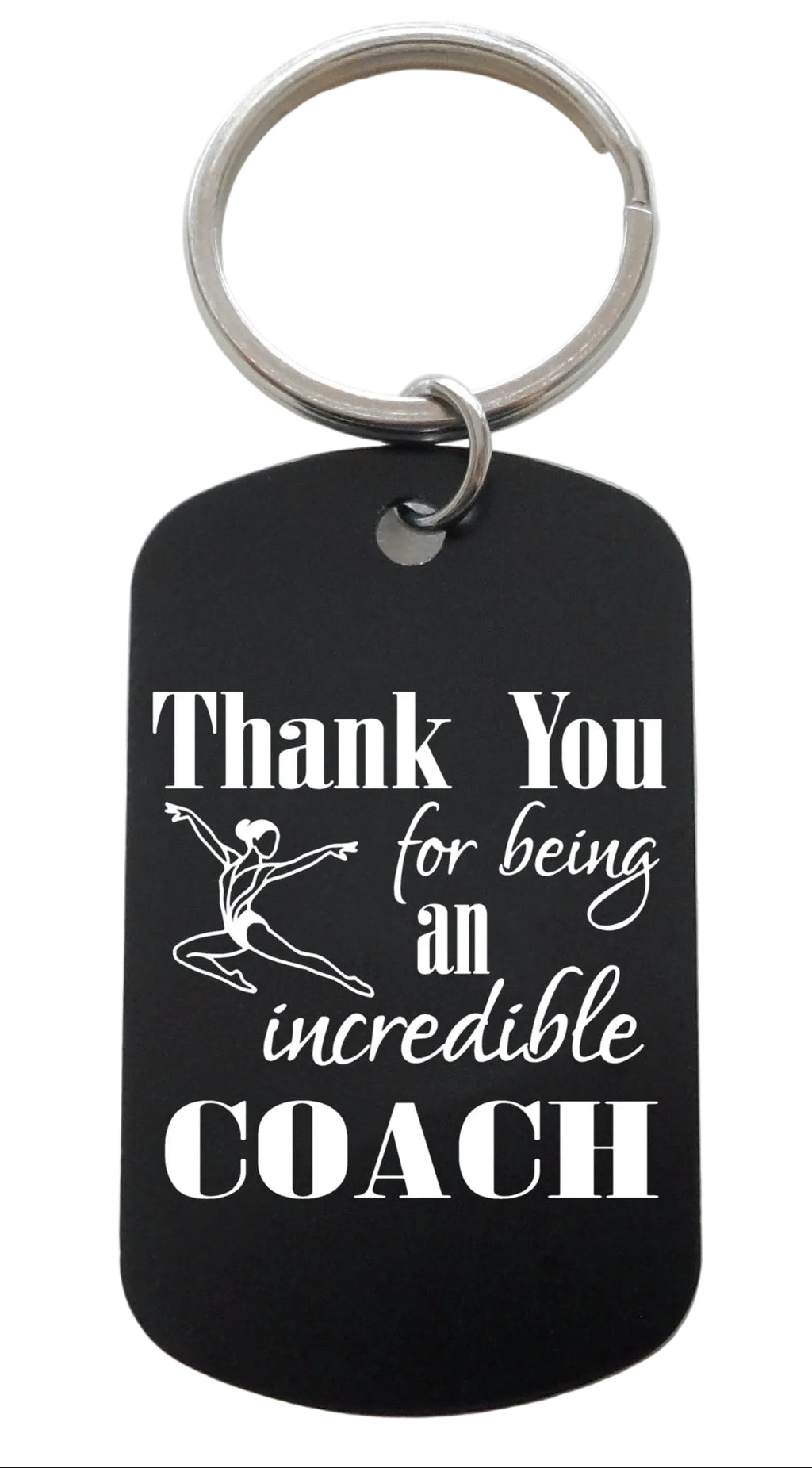 Coach Appreciation Gift • Black Anodized Aluminum Tag Keychain Engraved with "Thank You for Being an Incredible Coach" and Gymnast Image by JewelryEveryday