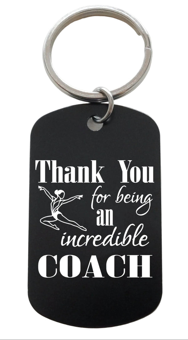 Coach Appreciation Gift • Black Anodized Aluminum Tag Keychain Engraved with "Thank You for Being an Incredible Coach" and Gymnast Image by JewelryEveryday