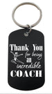 Coach Appreciation Gift • Black Anodized Aluminum Tag Keychain Engraved with "Thank You for Being an Incredible Coach" and Gymnast Image by JewelryEveryday