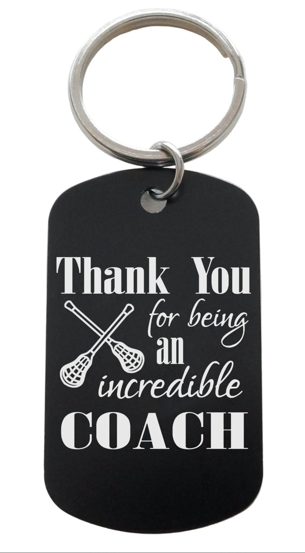 Coach Appreciation Gift • Black Anodized Aluminum Tag Keychain Engraved with "Thank You for Being an Incredible Coach" and Lacrosse Sticks Image by JewelryEveryday
