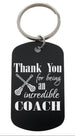 Coach Appreciation Gift • Black Anodized Aluminum Tag Keychain Engraved with "Thank You for Being an Incredible Coach" and Lacrosse Sticks Image by JewelryEveryday