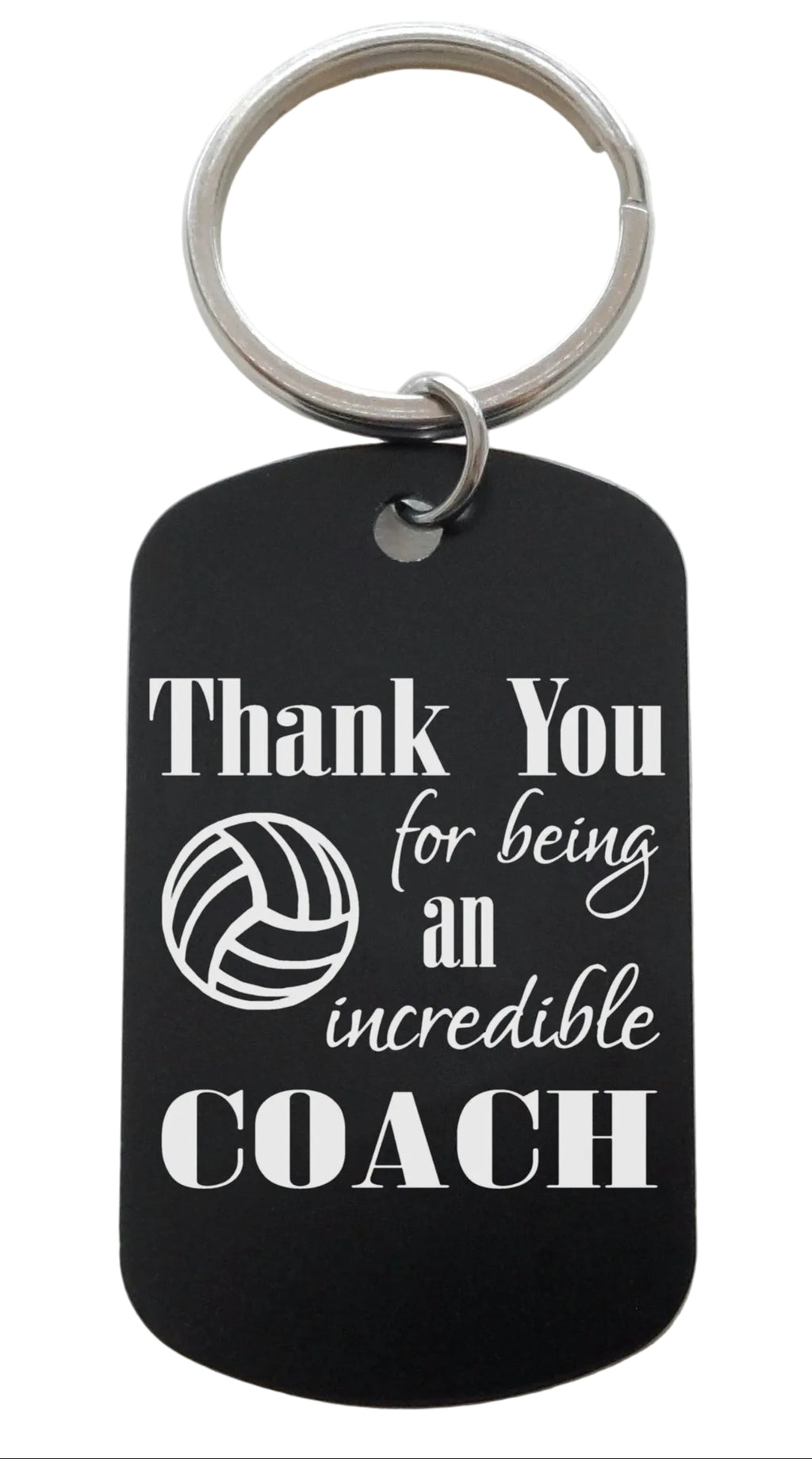 Coach Appreciation Gift • Black Anodized Aluminum Tag Keychain Engraved with "Thank You for Being an Incredible Coach" and Volleyball Image by JewelryEveryday