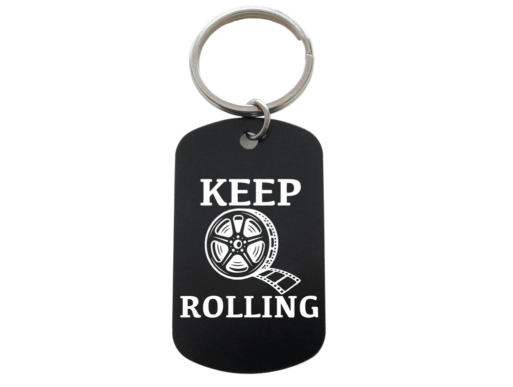 Keep Rolling with Video Film Reel Image Aluminum Tag Keychain, For Videography Student or Teacher Gift