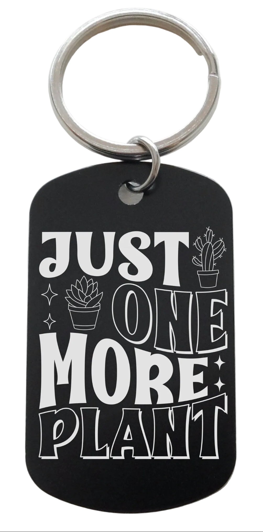 Plant Lover's Keychain with Engraved "Just One More Plant" and Potted Plants Images