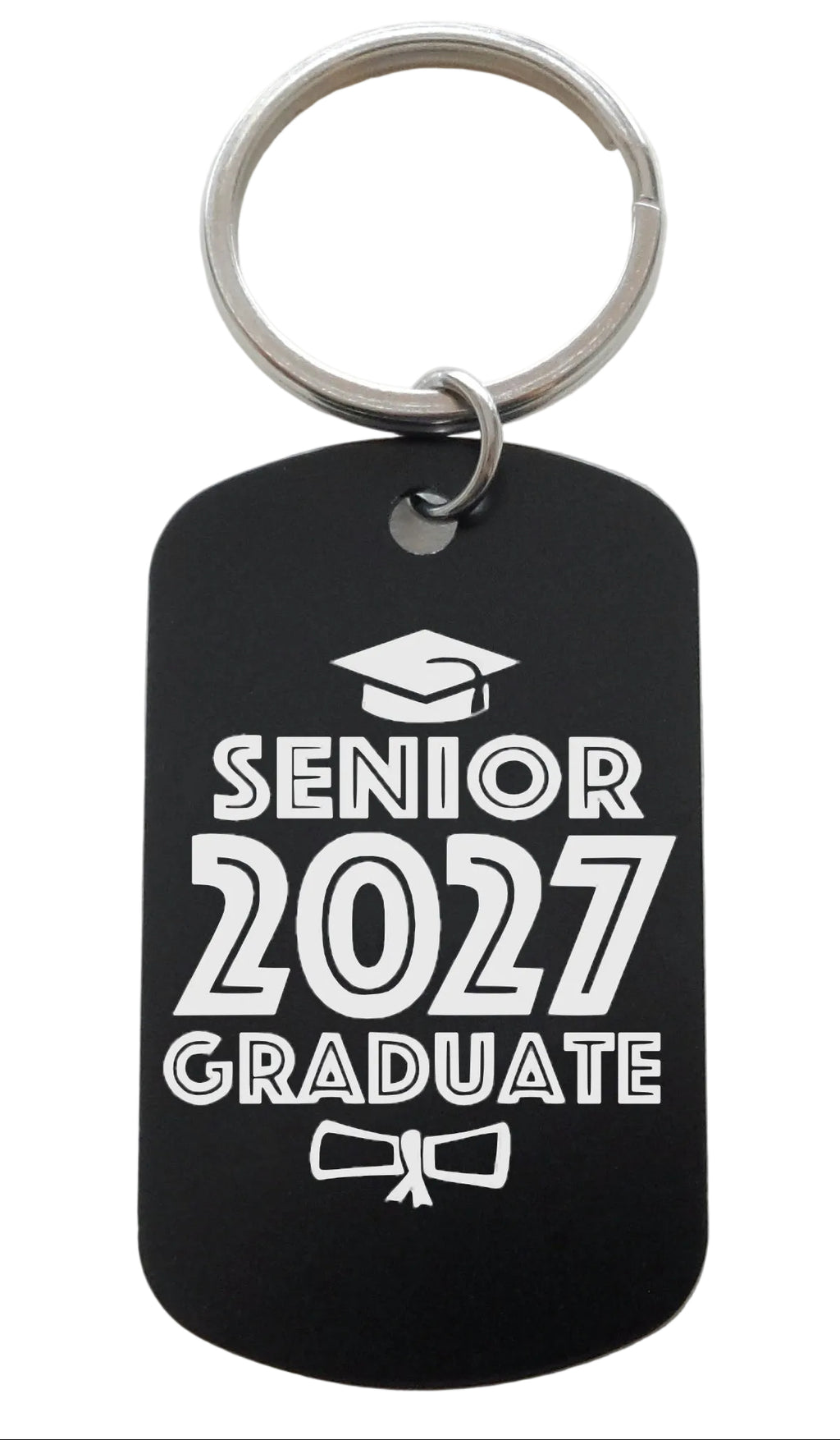 Senior 2027 Graduate Engraved Keychain on Black Anodized Aluminum Tag, For Graduation Gift