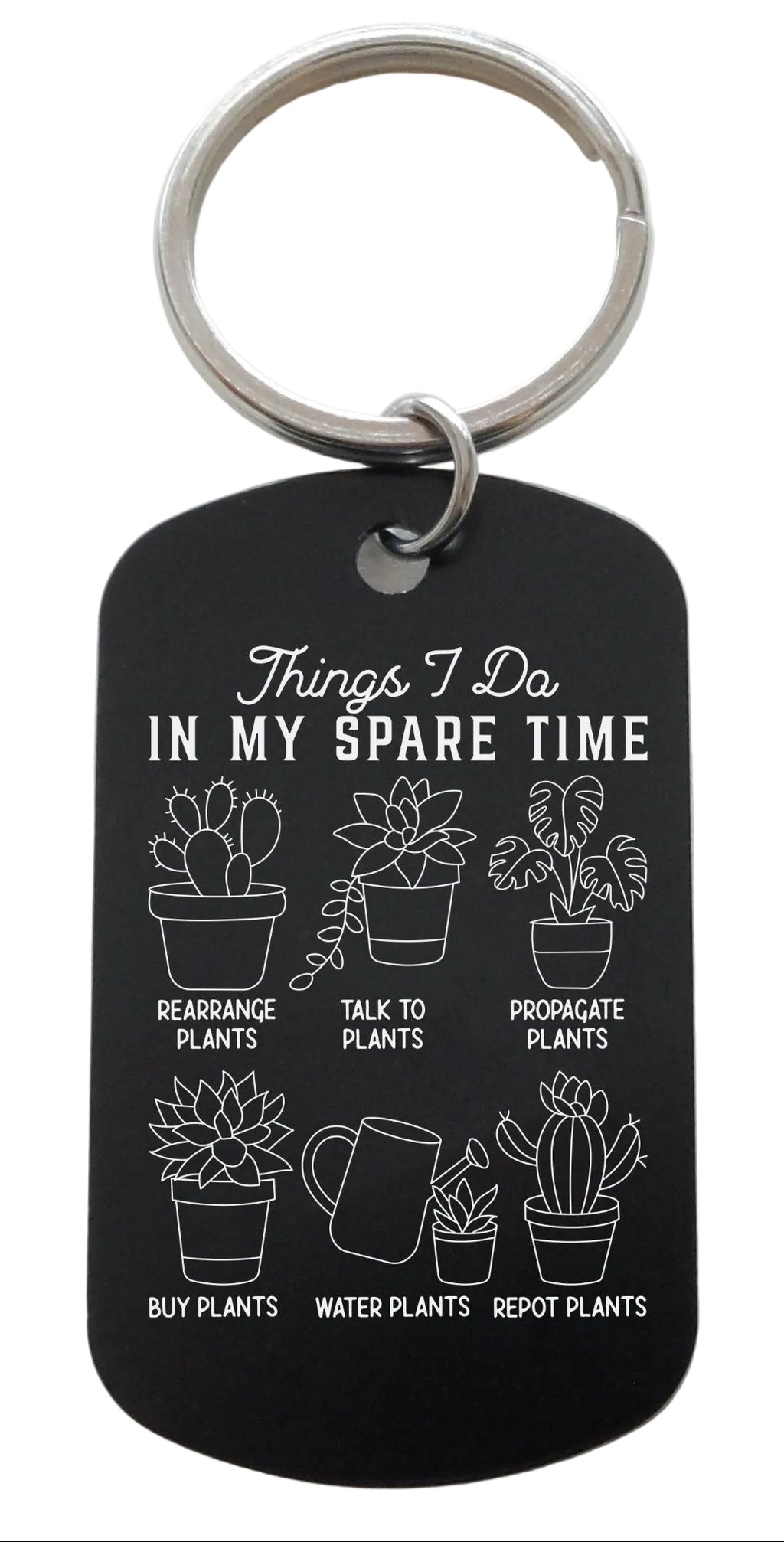 Plant Lover's Keychain with Engraved "Things I Do In My Spare Time" and Potted Plants Images
