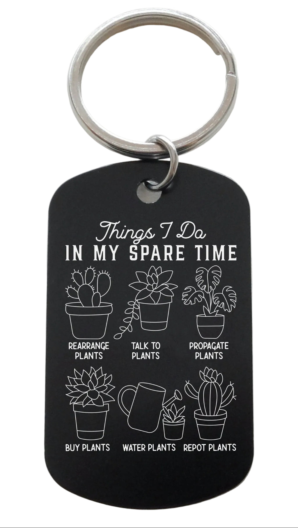 Plant Lover's Keychain with Engraved "Things I Do in My Spare Time" and Potted Plants Images