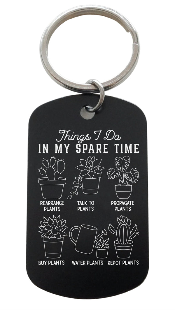 Plant Lover's Keychain with Engraved "Things I Do in My Spare Time" and Potted Plants Images