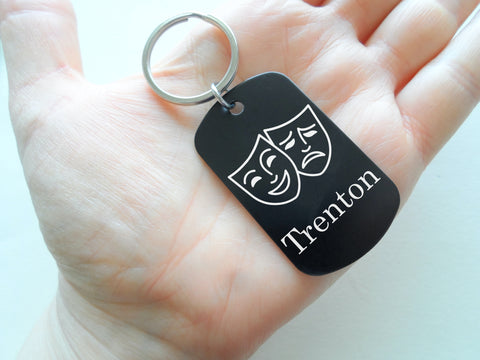 Drama Comedy & Tragedy Masks Image Aluminum Tag Keychain with Custom Engraved Name , For Theater Student or Teacher Gift