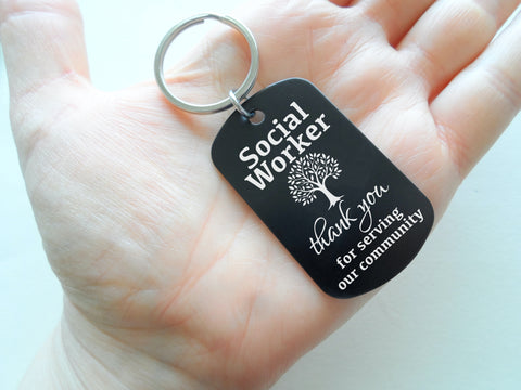 Social Worker Appreciation Gift • Aluminum Tag Keychain Engraved with "Thank You for Serving Our Community" and Tree Image by JewelryEveryday