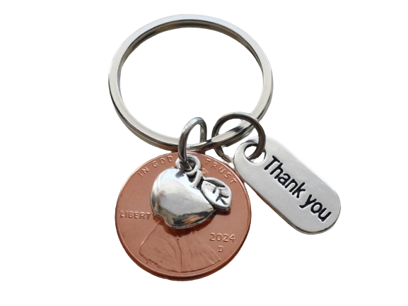 Teacher Appreciation Gifts • "Thank You" Tag, 2024 Penny, & Apple Charm Keychain by JewelryEveryday w/ "Lucky to have you for a teacher!" Card